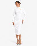 Adeline High-Neck Asymmetric-Lapel Knitted Dress - White