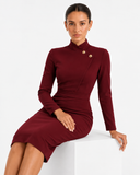 Adeline High-Neck Asymmetric-Lapel Knitted Dress - Burgundy