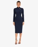 Adeline High-Neck Asymmetric-Lapel Knitted Dress - Navy Blue