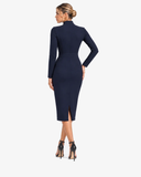 Adeline High-Neck Asymmetric-Lapel Knitted Dress - Navy Blue