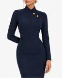 Adeline High-Neck Asymmetric-Lapel Knitted Dress - Navy Blue