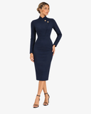 Adeline High-Neck Asymmetric-Lapel Knitted Dress - Navy Blue
