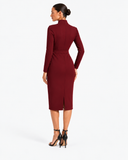 Adeline High-Neck Asymmetric-Lapel Knitted Dress - Burgundy