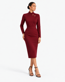 Adeline High-Neck Asymmetric-Lapel Knitted Dress - Burgundy