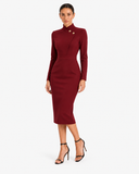 Adeline High-Neck Asymmetric-Lapel Knitted Dress - Burgundy