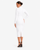 Adeline High-Neck Asymmetric-Lapel Knitted Dress - White