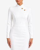 Adeline High-Neck Asymmetric-Lapel Knitted Dress - White