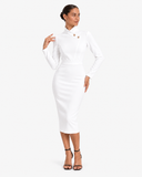 Adeline High-Neck Asymmetric-Lapel Knitted Dress - White