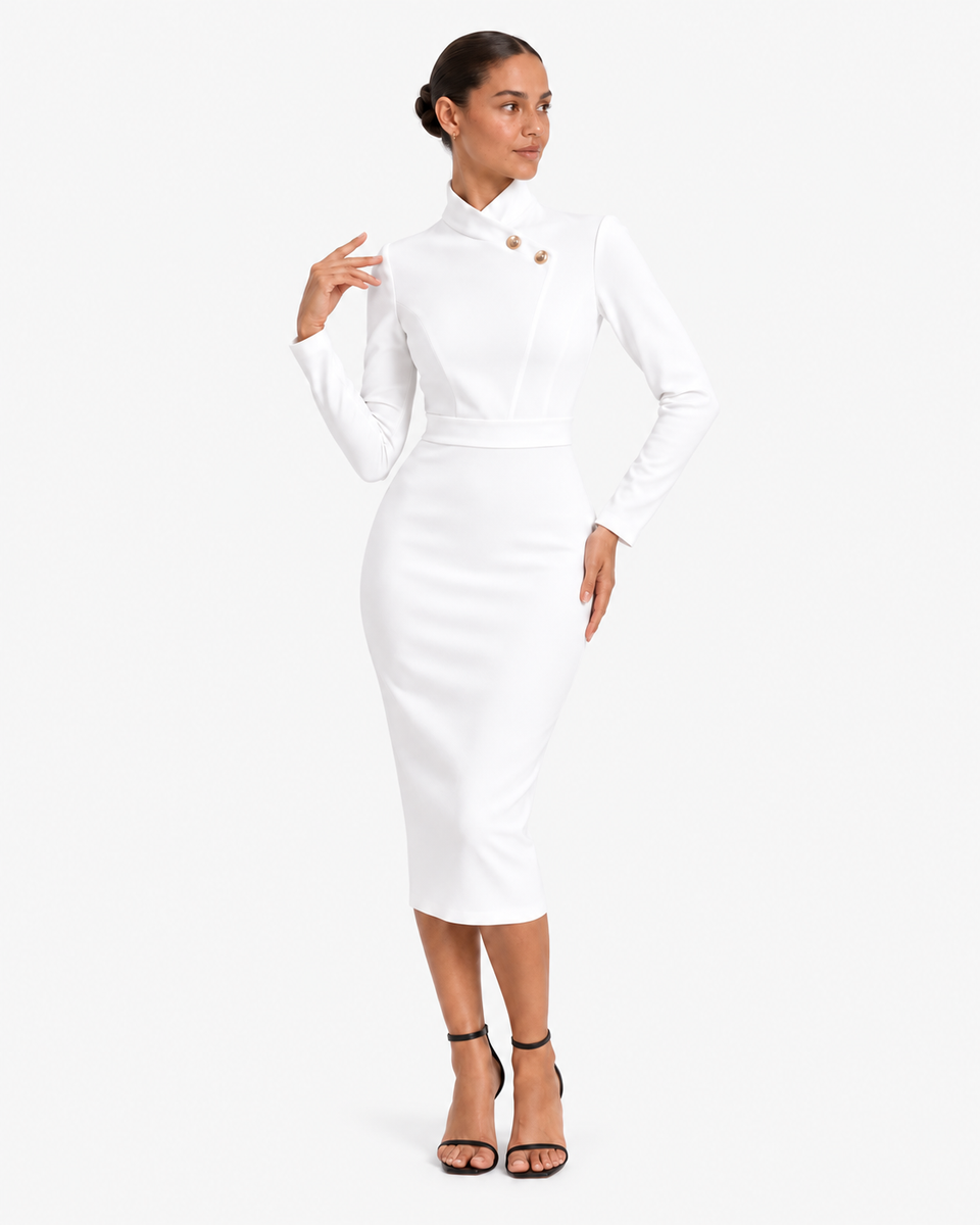 Adeline High-Neck Asymmetric-Lapel Knitted Dress - White