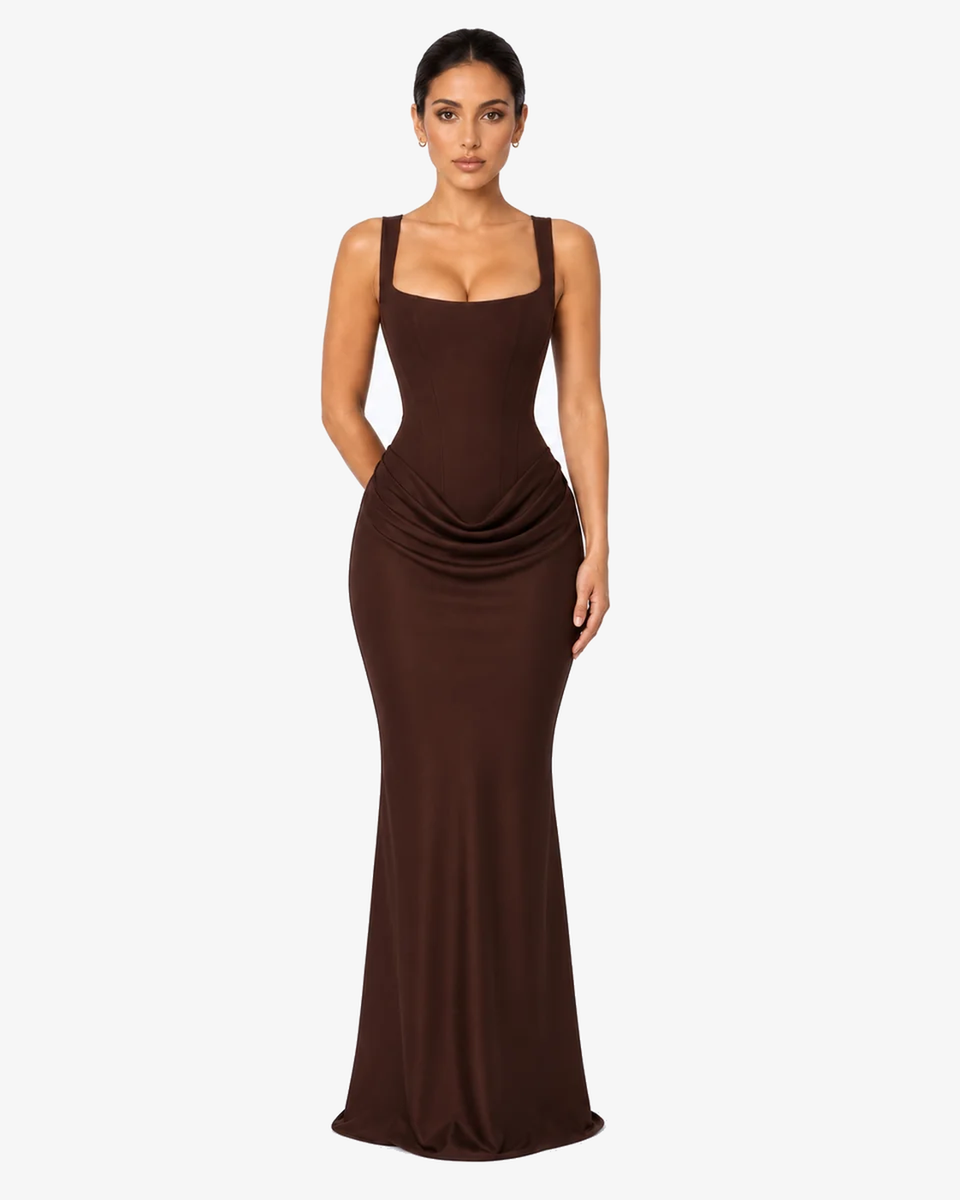Alessia Corset Draped Maxi Dress - Brown