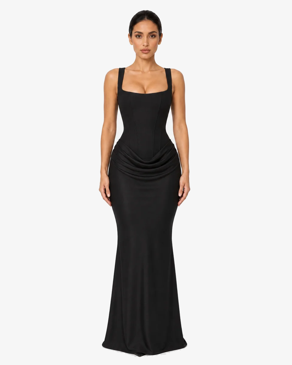 Alessia Corset Draped Maxi Dress - Black