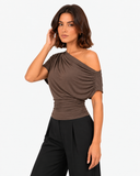Amara Draped Asymmetric Top - Brown