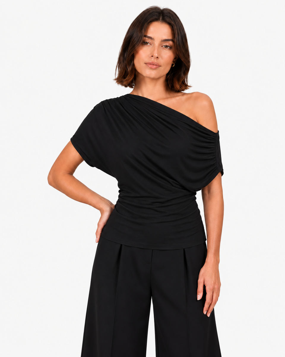 Amara Draped Asymmetric Top in Black, product view 1