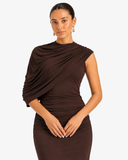 Amelie Draped Asymmetric Maxi Dress - Brown