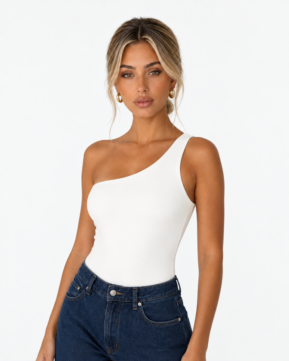 Arielle Asymmetric One Shoulder Bodysuit in White, product view 1