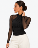 Aurore Draped Mesh Top - Black
