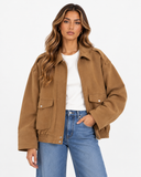 Avery suede-effect pocket jacket in Khaki, modelled with a relaxed silhouette.
