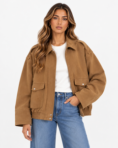 Avery suede-effect pocket jacket in Khaki, modelled with a relaxed silhouette.