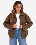 Avery suede-effect pocket jacket in Brown, modelled with a relaxed silhouette.