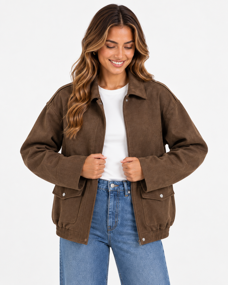 Avery suede-effect pocket jacket in Brown, modelled with a relaxed silhouette.