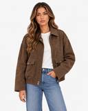 Another view of the Brown Avery suede-effect jacket on a model.