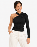 Ayla One Shoulder Long Sleeve Top - Black
