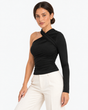 Ayla One Shoulder Long Sleeve Top - Black