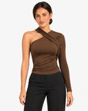 Model wearing the light brown Ayla one shoulder long sleeve top, front view