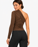 Model wearing the light brown Ayla one shoulder long sleeve top, back view