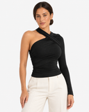 Model wearing the black Ayla one shoulder long sleeve top, front view