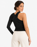 Model wearing the black Ayla one shoulder long sleeve top, back view