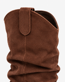 Bianca brown boots, close-up of the curved shaft opening and pull tab.