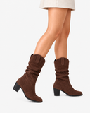 Bianca brown boots, worn view showing the gathered shafts.