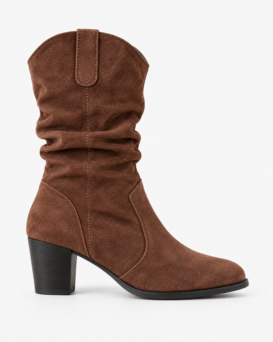 Bianca brown boots, side view showing the rounded toe and block heel.
