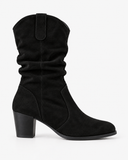Bianca black boots, side view showing the rounded toe and block heel.