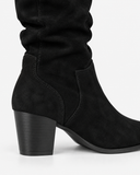Bianca black boots, close-up of the ankle stitching and block heel.
