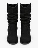 Bianca black boots, front view of the rounded toes and shaft openings.
