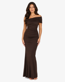Camille Ruched Off Shoulder Maxi Dress - Brown