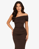 Camille Ruched Off Shoulder Maxi Dress - Brown