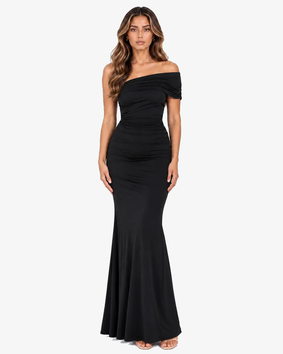 Camille Ruched Off Shoulder Maxi Dress - Black