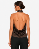 Celine Satin-Look High Neck Halter Top - Brown