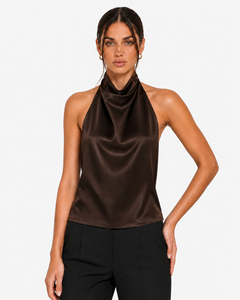 Celine Satin-Look High Neck Halter Top - Brown