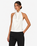 Celine Satin-Look High Neck Halter Top - White