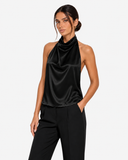 Celine Satin-Look High Neck Halter Top in Black, product view 1