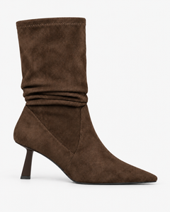 Celestine dark brown boots, side view showing the gathered shaft and slender heel.