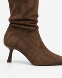 Celestine dark brown boots, close-up of the ankle and gathered shaft.