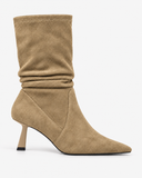 Celestine apricot boots, side view showing the gathered shaft and slender heel.
