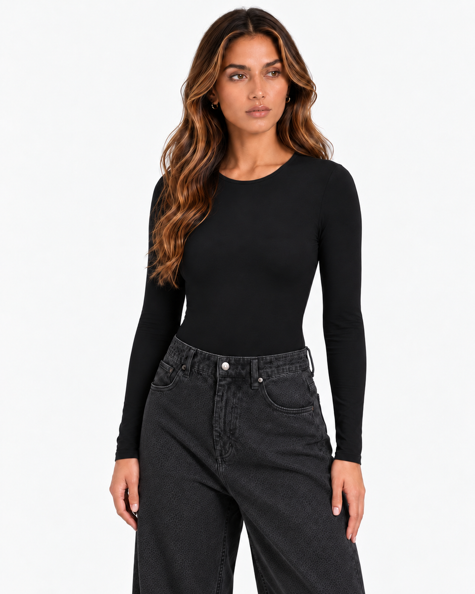 Clara Long Sleeve Bodysuit in Black, product view 1
