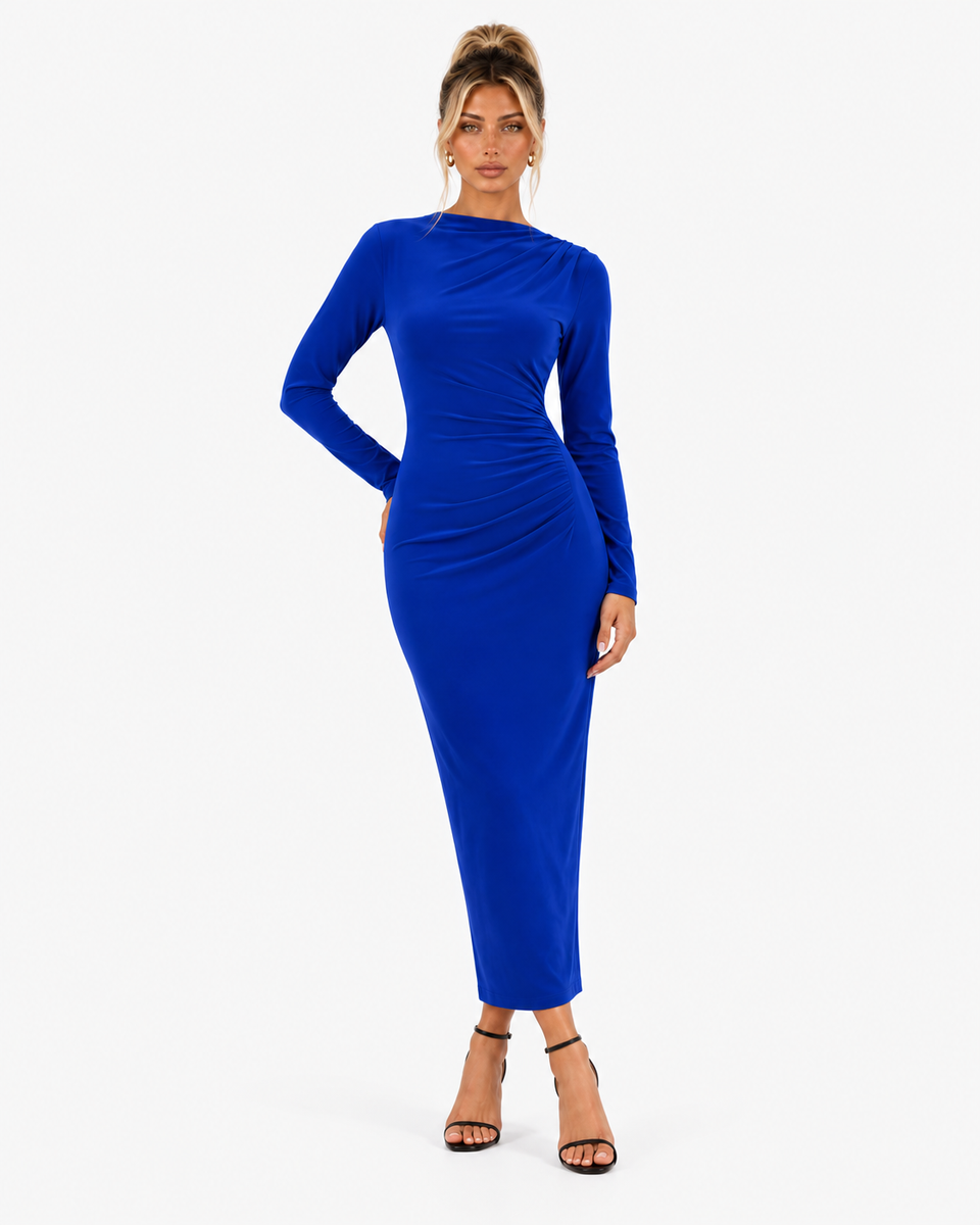 Corinne High-Waist Long-Sleeve Maxi Dress - Blue