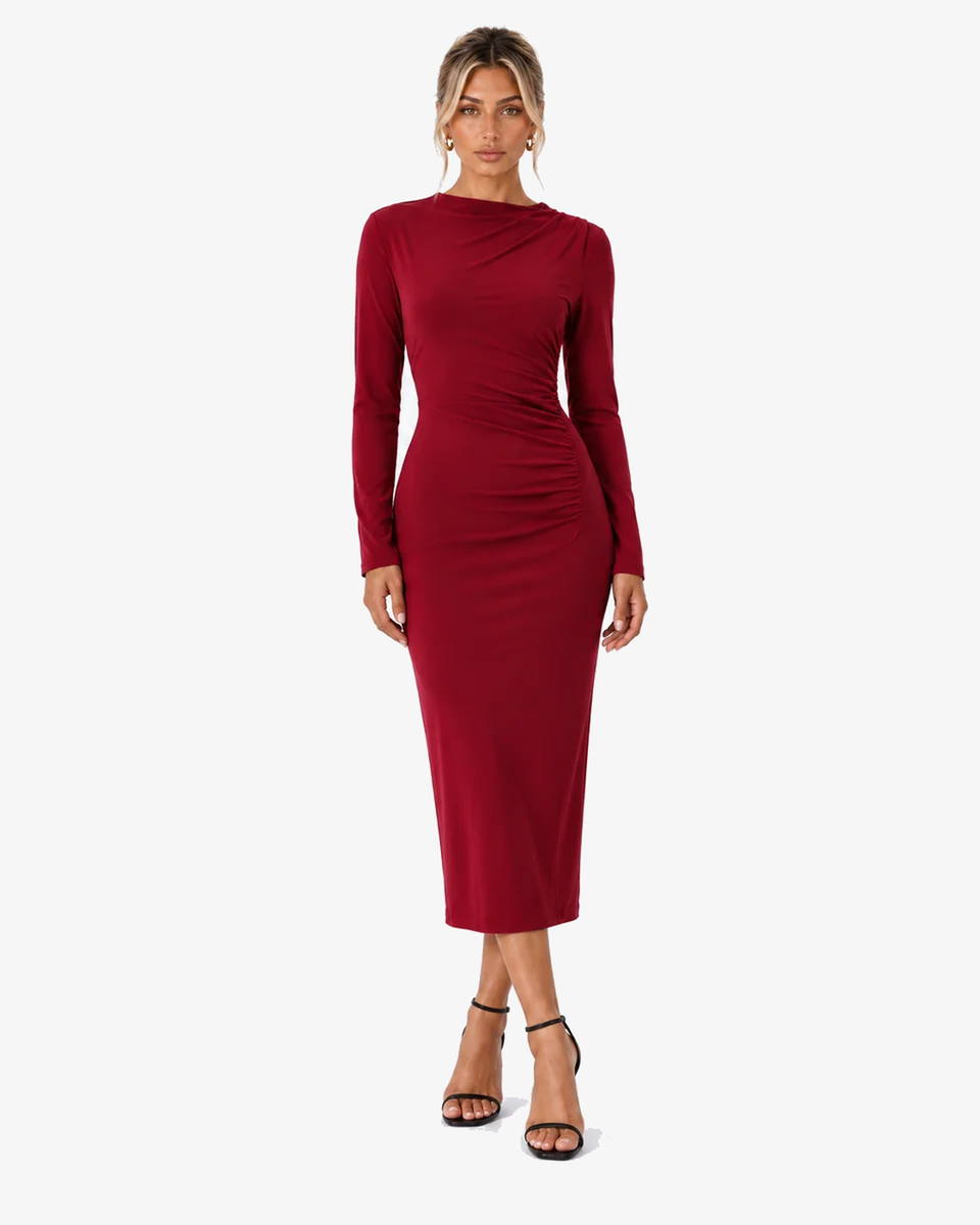 Corinne High-Waist Long-Sleeve Maxi Dress - Dark Red